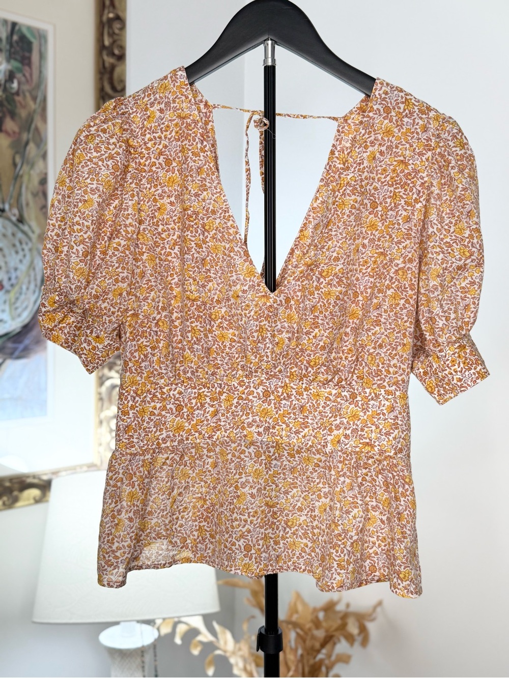 J.Crew Re-Imagined Floral Puff Sleeve Peplum Blouse Top Size 8 Open Back